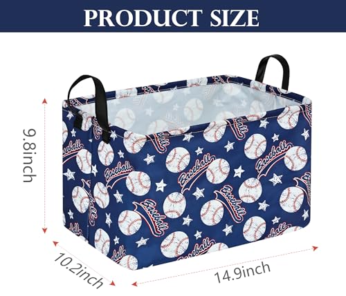 Image of Blue Baseball Pattern Storage Basket Gift Laundry Bins Collapsible Storage Baskets Box Laundry Nursery Hamper for Home and Office Decoration with Handles