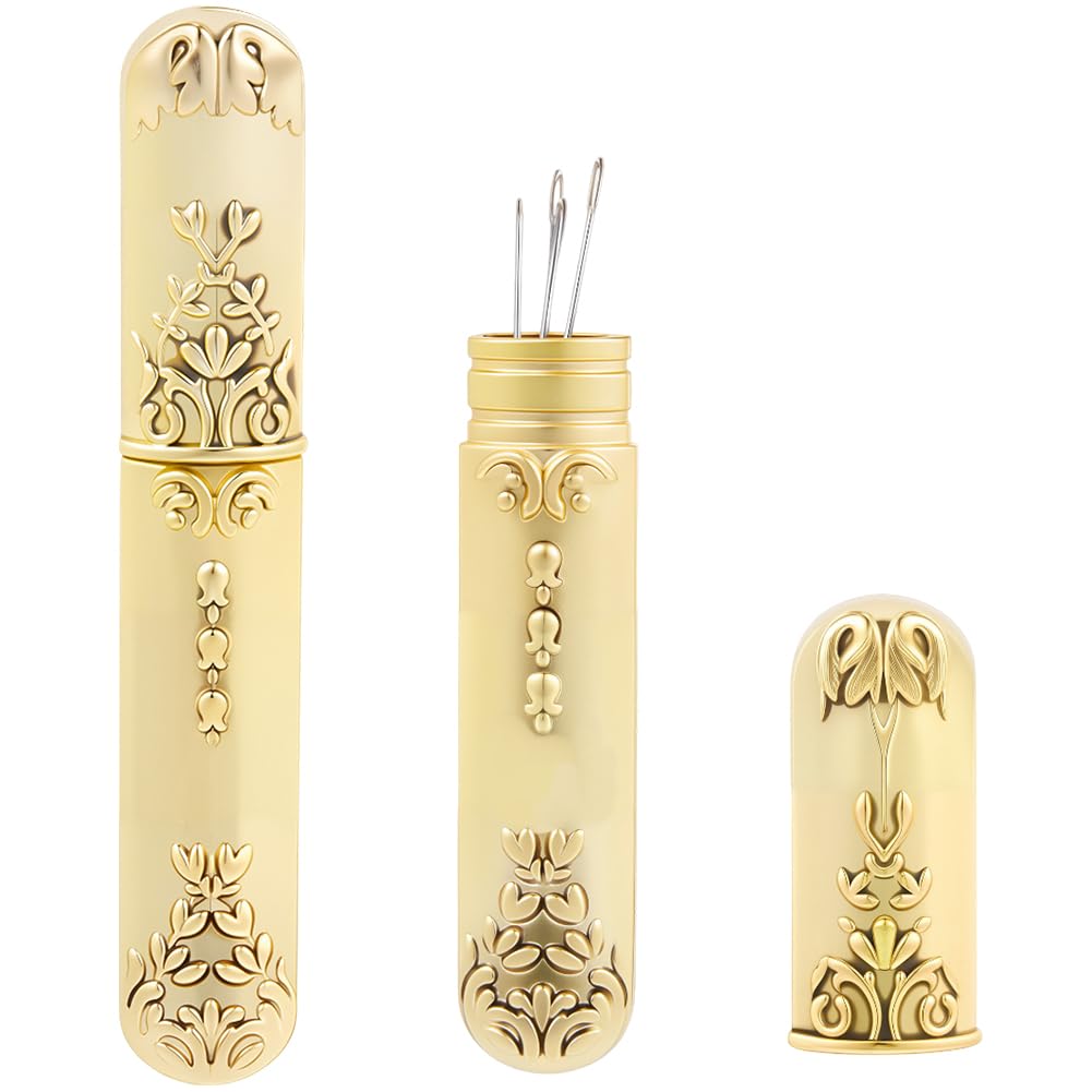GORGECRAFT Vintage Needle Storage Case Antique Gold Needles Tubes Toothpick Keeper Holder Box Container Portable Sewing Supplies Tools for Embroidery Cross Stitch Hand Crafts 3.5x0.6inch