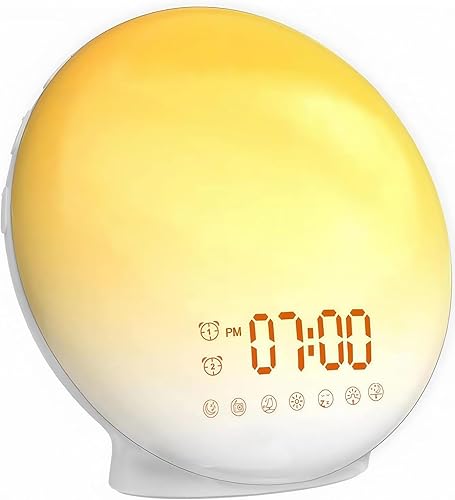  Wake up Light, Smart Sleep Alarm Clock for Kids Adults, Sunrise Sunset Simulation, 7 Natural Sound Machine,FM Radio, 7 Colors LED Night Light, Bedroom Decor Sleep Aid for Hard Sleepers, Bedside lamps 