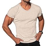 Men's Fashion Athletic T Shirt Workout Muscle Shirts V-Neck Solid Color Tee Shirt Top Beige