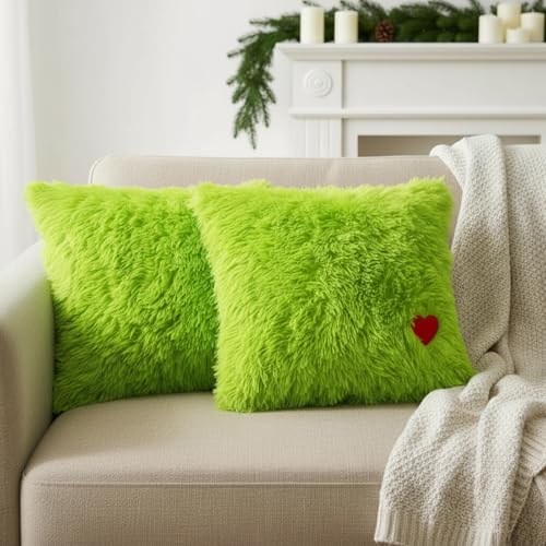 VitalCozy 2 Pcs Christmas Lime Green Throw Pillow Cover 18x18 Inch Decorative Whimsical Xmas Faux Fur Pillowcases with Zipper Closure Plush Soft Lime Green Fuzzy Decor for Christmas Couch Sofa(Cute)