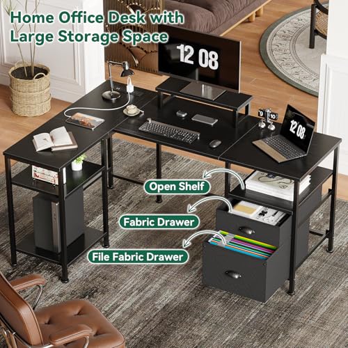 Image of Furologee 50 Inch L Shaped Gaming Desk with Power Outlet, Corner Computer Desk for Home Office, Reversible Work Study Table with File Drawer, Monitor Stand, Storage Shelves, Black