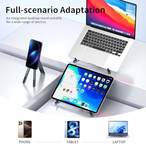 Image of Aluminium Alloy Folding and Height Adjustable Stand Compatible with Laptop, Mobile and iPad, with Magnetic Feature for Phone, Titanium Grey, Anodized Finish