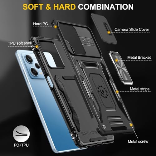 Image of Vaku Luxos Aegis Armor Slide TPU Back Cover Case for Xiaomi Redmi Note 12 5G with Magnetic Ring Holder Kickstand Camera Screen Protector- Black