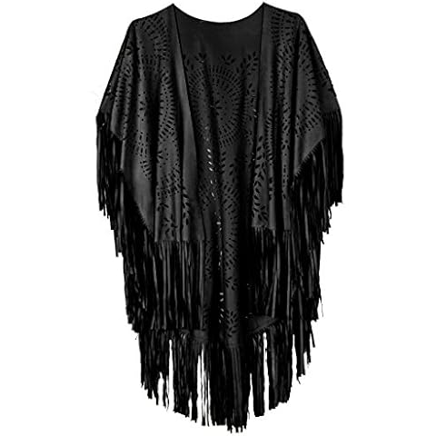 PERSUN Women's Faux Suede Kimono Cape Fringed Asymmetric Cover up Shawl Black Cover