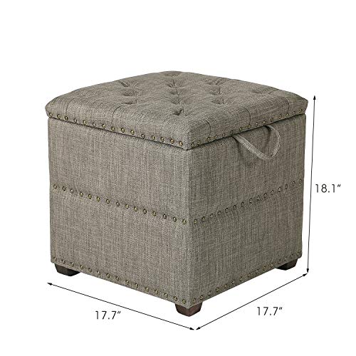 Adeco 18 Inch High Cube Ottoman Storage, Linen Grey Chair Foot Stools with Tray, Upholstered Vanity Stool - Thumbnail 3
