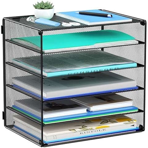 MINDEPOT 6 Tier Mesh Desk Organizer Paper Tray, Metal File Holder Desktop Organizers and Accessories for School Office Organization Rack Cover