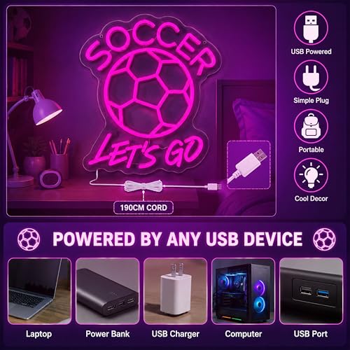 Image of Soccer Let's Go LED Neon Sign, Pink Soccer Ball Neon Wall Light for Bedroom, Game Room, Sports Bar, Fan Cave, Team Room Decor, USB Powered Dimmable Soccer Gift for Teen Girls, 13.42 x 12.99 In