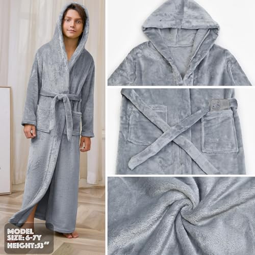 Image of Jxstar Girls Bathrobes Kids Long Hooded Robes Plush Full Length Coral Fleece Pajamas Sleepwear