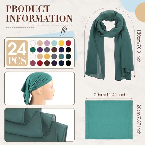 24 Pcs Muslim Hijab Scarves for Women with Under Scarf Cap Chiffon Shawl Islamic Caps with Tie Back Closure2