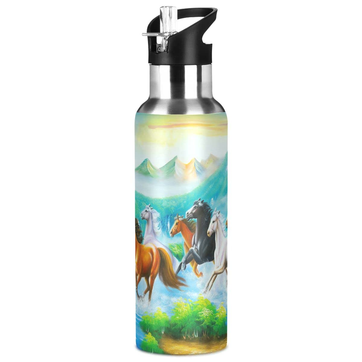 Edelstahl Wasserflasche mit Strohhalm, Pferdemalerei Isolierte Trinkflasche Sport Wasserflasche für Kinder Erwachsene, auslaufsicher, 1L