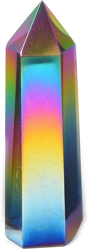 Justinstones Gran piedra metálica con revestimiento de arco iris negro con piedra preciosa de obsidiana puntiaguda torre hexagonal reiki chakra