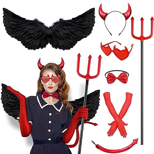 Devil Costume for Women, 7 PCS Halloween Demon Costume Set with Red Devil Horns Headband Devil Wings Devil Glasses Devil Tail Devil Pitchfork Bowtie Long Gloves, Women Men Sexy Devil Accessories