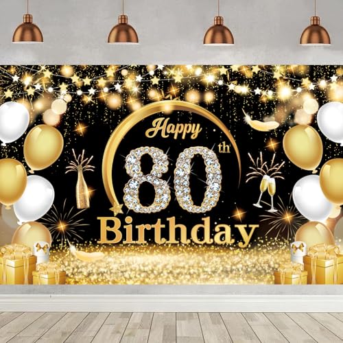 Happy 80th Birthday Party Banners,Birthday Party Decoration Extra Large Fabric Black Gold Sign Poster for Anniversary Photo Booth Backdrop Background Banner, 72.8 x 43.3 Inch by Yuanbigtai - Used condition - CA$15.22