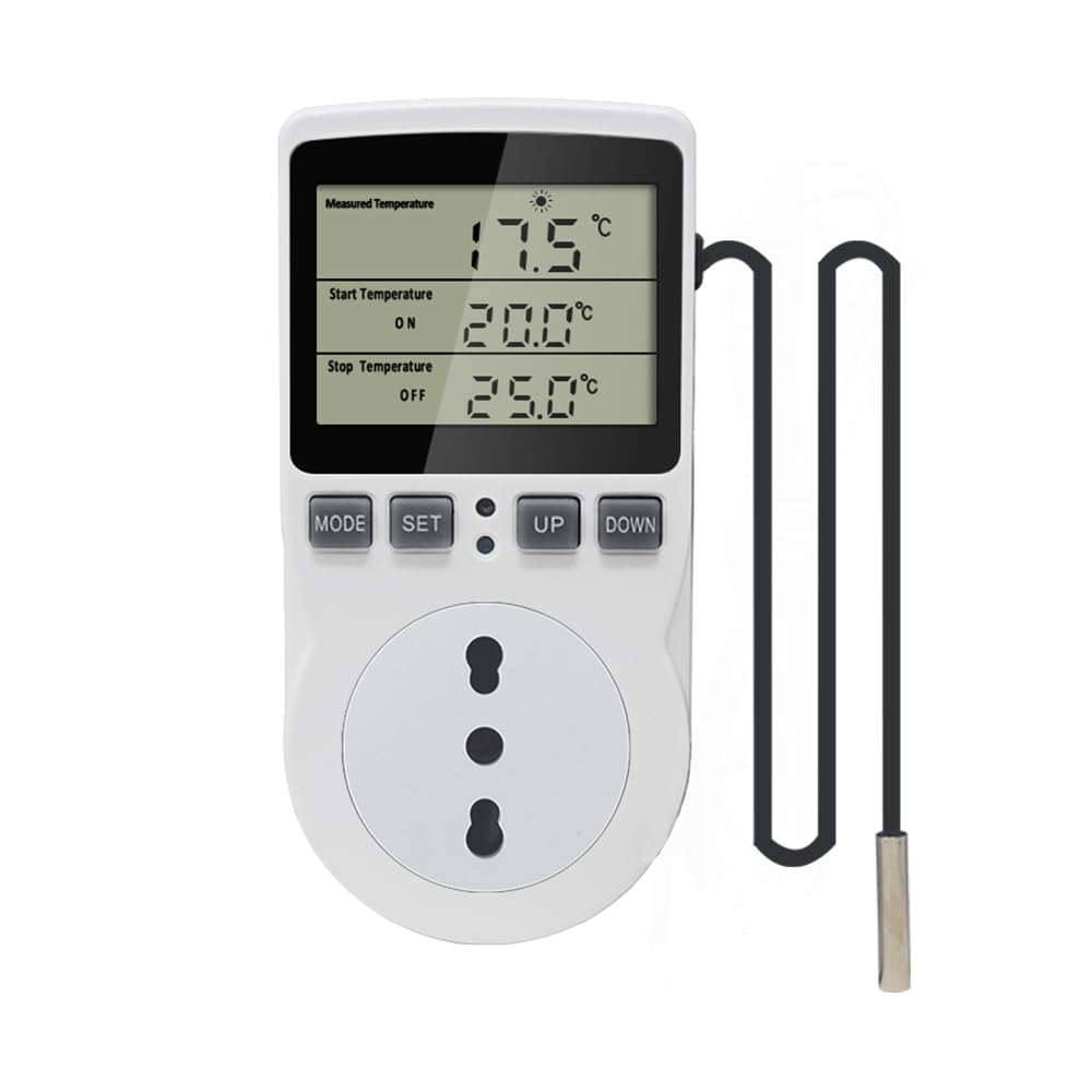 KETOTEK Presa Termostato Digitale con Sonda 220V, Termostato con Spina e Presa Raffreddamento Riscaldamento Regolatore di Temperatura per Serra Incubatrice