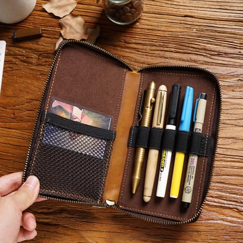 Image of Genuine Leather 5-Slot Pencil Case, Portable Travel Pen Organizer | Versatile organizer for art supplies, office essentials, makeup brushes, suitable for men, women, students, artists.coffee