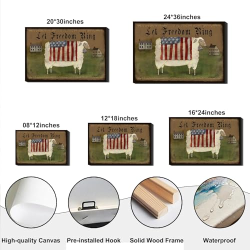 Image of RIBNTAK Americana Farmhouse Canvas Wall Art, Rustic God Bless America Sheep Pictures with USA Flag Artwork Patriotic Country Decor for Living Room Entryway Bedroom