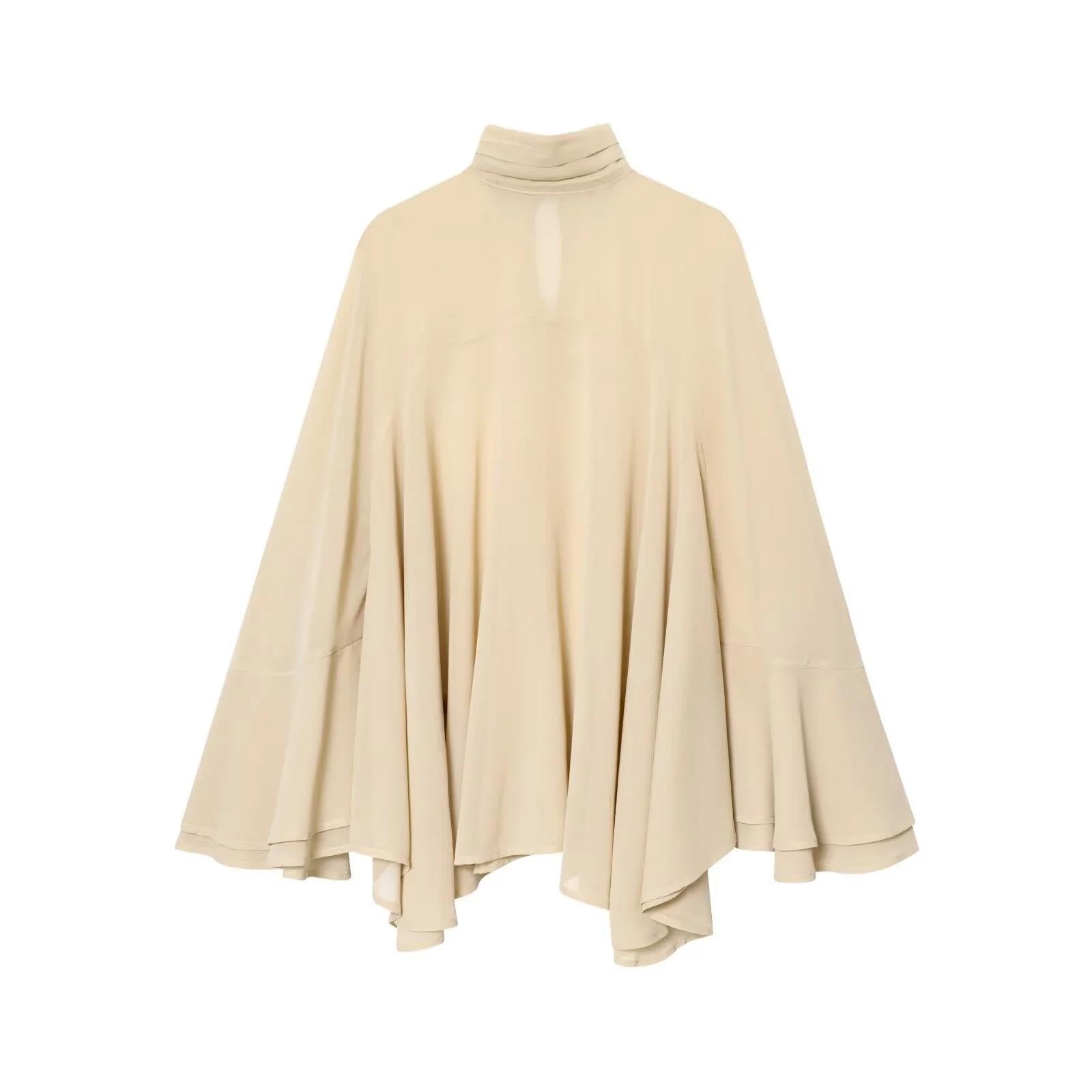 Genérico Camisa asimétrica para Mujer, Plisada, con Cuello Alto, Holgada, de Manga Larga, Estilo murciélago, Elegante, Informal, Color Beige Mediano.