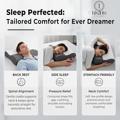 Image of Cervical Neck Pillow Set of 2, Ergonomic Contour Memory Foam for Sleeping, 220 GSM Jacquard Cover, Grey Support Cushion, 48 x 30 x 9 cm, Ideal for Side and Back Sleepers