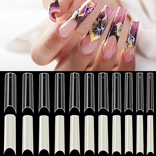 1100 Pieces C Curve Long Nail Tips, Acrylic Square Half Cover Fake Nail Tips for DIY Nail Art (Clear, Natural)