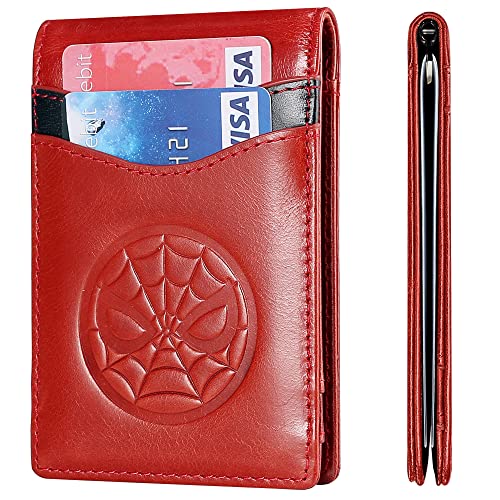 IRON SPIDER Men's wallets with Superhero character panther, RFID barrier, ultra-thin double fold leather minimalist Front Pocket Wallet（Red）2