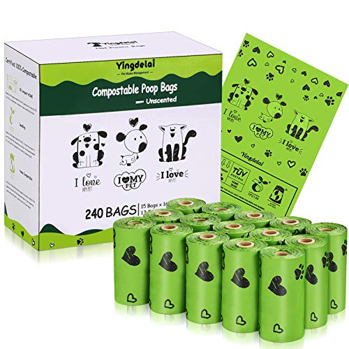 Yingdelai 240 bolsas biodegradables para perros grandes, 100% compostables Premium Poop Bolsas de basura para perros grandes, estándar EN 13432 (sin aroma)