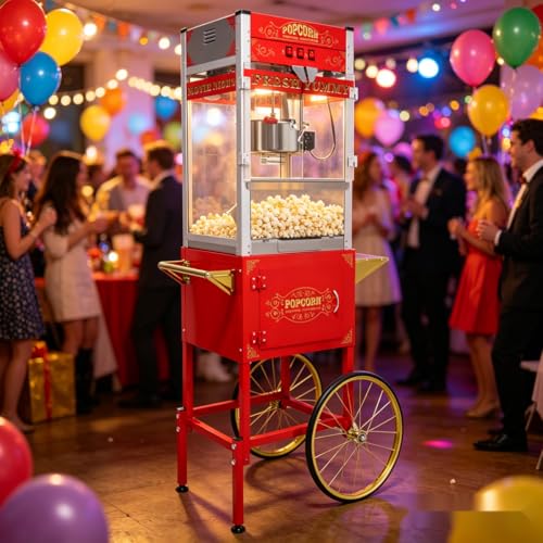 Image of Commercial Popcorn Machine with Cart & Wheels - Large Popcorn Maker with 32OZ Stainless Steel Kettle, Pop corn Machine Maker for Home, Movie Theater, Parties, Red