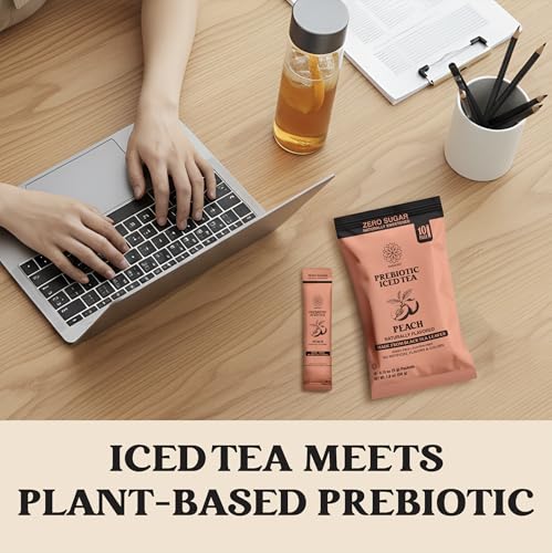 Image of Harmony Peach Prebiotic Black Iced Tea, 10 Sticks | Real black tea, Ripe peach flavor, 3g prebiotic fiber per stick, 25 calories, Zero sugar, Gluten free, Dairy free