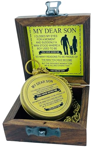 Brújula de latón MADSNIIB con cadena y caja de madera, regalo grabado para graduación "My Dear Son", brújula náutica artesanal, idea vintage para Navidad, Acción de Gracias y Año Nuevo miniatura 7