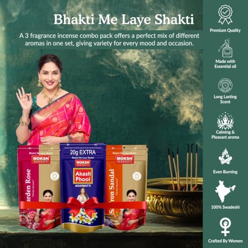 Image of Moksh Agarbatti Combo Pack 8N - Saffron Sandal x3, Garden Rose x3 & Akash Phool x2 Fragrance - Made with Charcoal Powder, Sawdust, Bamboo Stick & Perfume - for Puja, Meditation & Serenity
