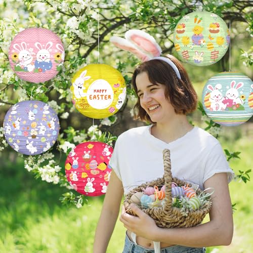 Image of Panelee 12 Pcs Easter Paper Hanging Lanterns Party Decorations 8 Inch Pastel Cute Bunny Round Lanterns for Easter Party Office Classroom Decorations Indoor Outdoor