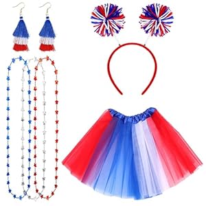 Dolkoic 4th of July Tutu Set for Women Red White and Blue Pom Pom Headband Tutu Skirt Independence Day Costume Accessories 80s Halloween Canival Cosplay Party