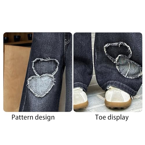 Wide Leg Jeans for Girls Baggy Elastic Waist Heart Applique 𝗩intage Denim Pants Casual Trousers with Pocket4