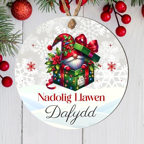 Personalised Welsh Merry Christmas Nadolig Llawen Bauble Hanging Ornament Cute Designs for Family Friends Festive Wales Gifts (Gnome, MDF Wood - Indoor use only)
