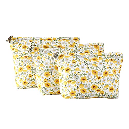 Hoyofo Make Up Bag Pack Of 3 Travel Cosmetic Bag Women’s Essentials Accessories Storage Pouch, Yellow Flower #TOP28