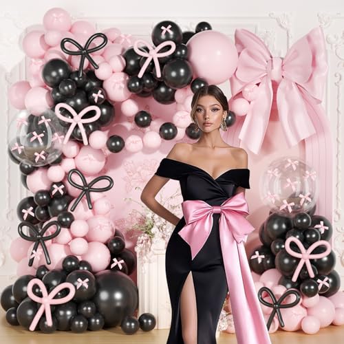 Image of Pink and Black Balloons Arch Kit, 199Pcs Pink and Black Bow Birthday Decorations with 260 Bubble Balloons Ribbon for Coquette Bow Theme Birthday Bridal Shower Bachelorette Baby Shower Wedding