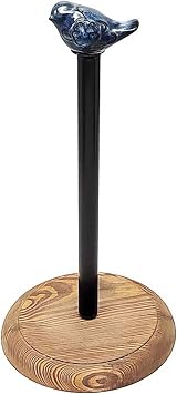Farmhouse Paper Towel Holder Countertop, Metal Paper Towel Stand with Bird Design Top and Wooden Base for Kitchen Dining Table Home Rustic Decor Color Blue