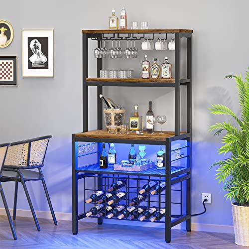 Unikito Wine Bar Cabinet With Led Light And Sockets, Industrial Coffee Bar Cabinet For Liquor And Glasses, Freestanding Wine Rack Table, Farmhouse Bar Cabinet With Adjustable Wine Racks, Rustic Brown #TOP5