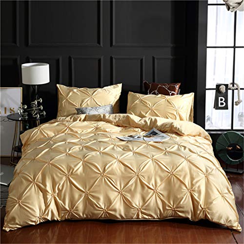 Erosebridal Champagne Pintuck Duvet Cover Set Queen Silk Like Satin Pinch Pleated Bedding Set with Zipper Ruffle Design Luxury & Microfiber Comforter Cover Pintuck Decorative Bedspread Cover