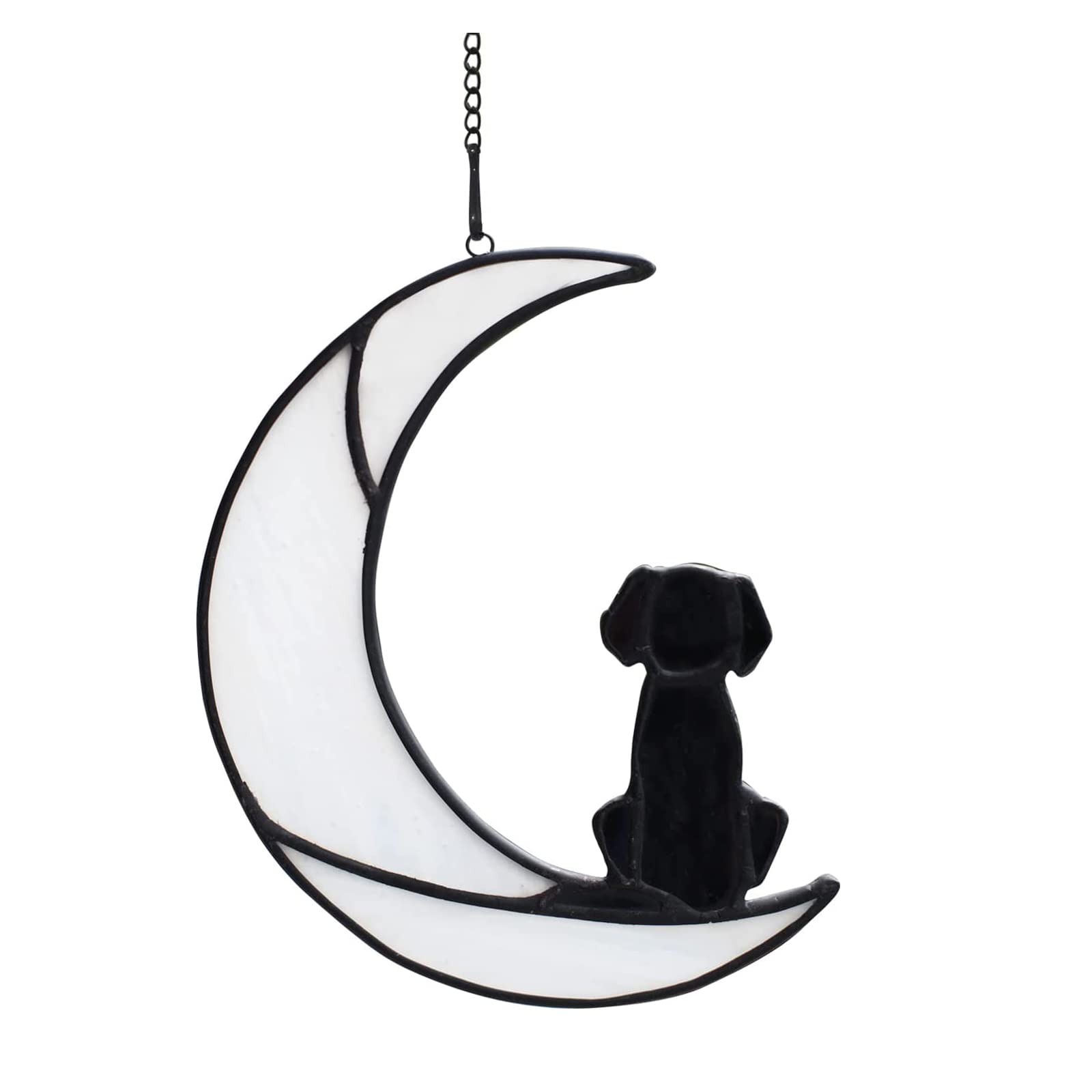 Takefuns Stained Glass Window Hangings, Dog or Cat Stained Glass Suncatcher, Acrylic Dog Cat on the Moon for Home Window Decoration, for Dog Cat Lover, White+Black