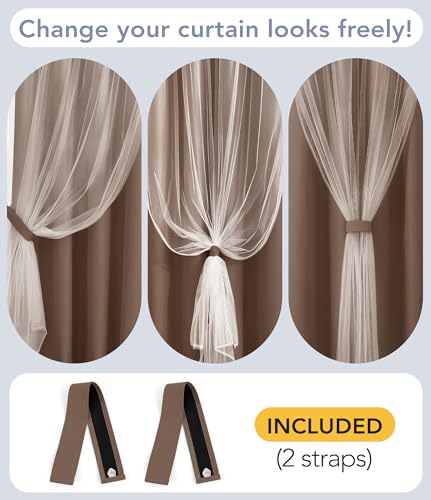 Image of 100% Blackout Curtains with Sheer Overlay, Brown, 52 x 63 inch, 2 Panels | For Bedroom Living Room Window, Room Darkening, Thermal Insulated, Grommet Top, Summer Heat Blocking, Double Layer Design