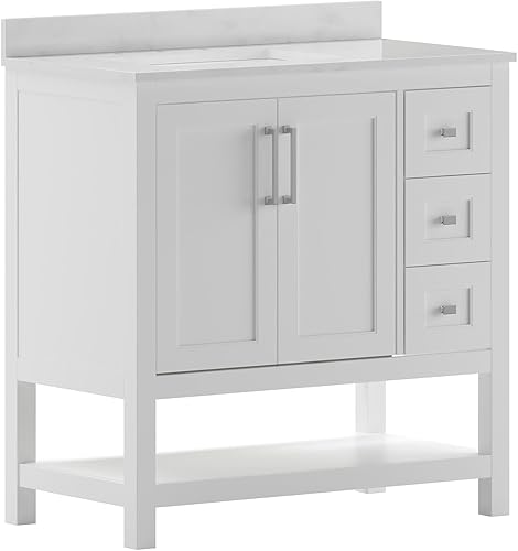 Flash Furniture Vega - Tocador de baño de 36 pulgadas con fregadero, armario de almacenamiento con puertas de cierre suave, estante abierto y 3