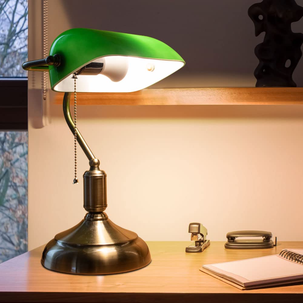 Bankerlampe Glas verstellbar LED Tischleuchte Retro grün Schreibtischleuchte Zugschalter, Metall, 3,7W 320lm warmweiß, LxBxH 26x18x36 cm