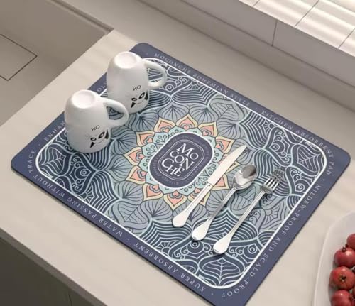 Image of HomeCloud Dish Drying Mat for Kitchen Counter - Super Absorbent, Non-Slip & Heat-Resistant - Quick Dry Rack Pad for Dishes, Utensils, Coffee Maker - Stain-Hiding Design (Blue)