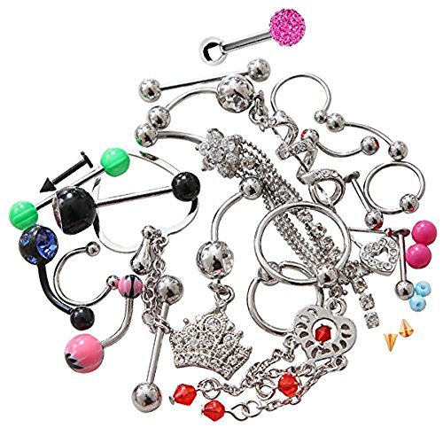 BodyJ4You Body Piercing Kit 50 Pieces for Belly Nose Ring Barbell Studs 14GA 16GA 18GA Pack