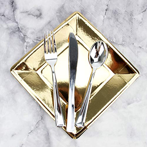 Pack of 100 Gold Disposable Shiny Foil Paper Plates, Square 7", Party Supplies for Appetizer, Lunch, Dinner, or Dessert - Thumbnail 3