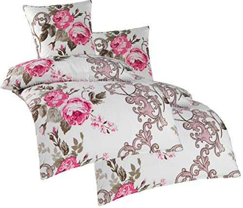 4 pièces W400960 Seersucker Parure de lit en microfibre infroissable avec 2 taies d'oreiller de 135 x 200 cm et 80 x 80 cm Motif fleurs de rose Gris/blanc Cover