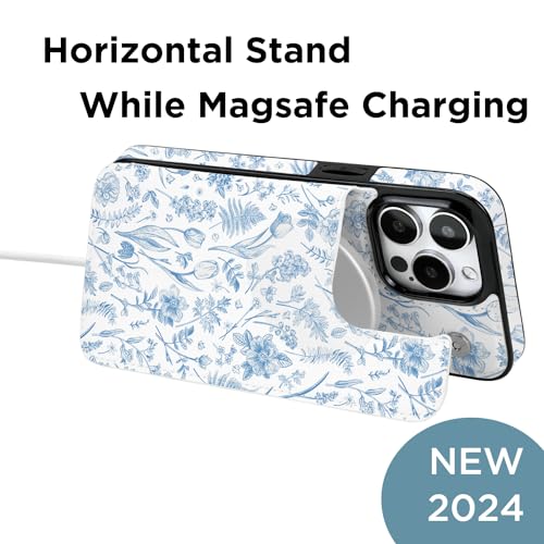 Image of uCOLOR for iPhone 13 Pro Wallet Case Magsafe with Card Holder Slot【Compatible with MagSafe】 Folio Flip PU Leather Double Magnetic RFID Design 6.1 inch (Blue Toile Flowers)