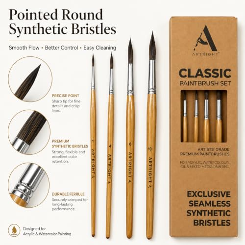 Image of Round Artist Paintbrush Set of 4Pcs, Natural Brown Handle Brushes for Fine Detailing, Line Work, Broad Strokes, Ideal for Acrylic, Watercolor Painting, Best for Beginner & Professional