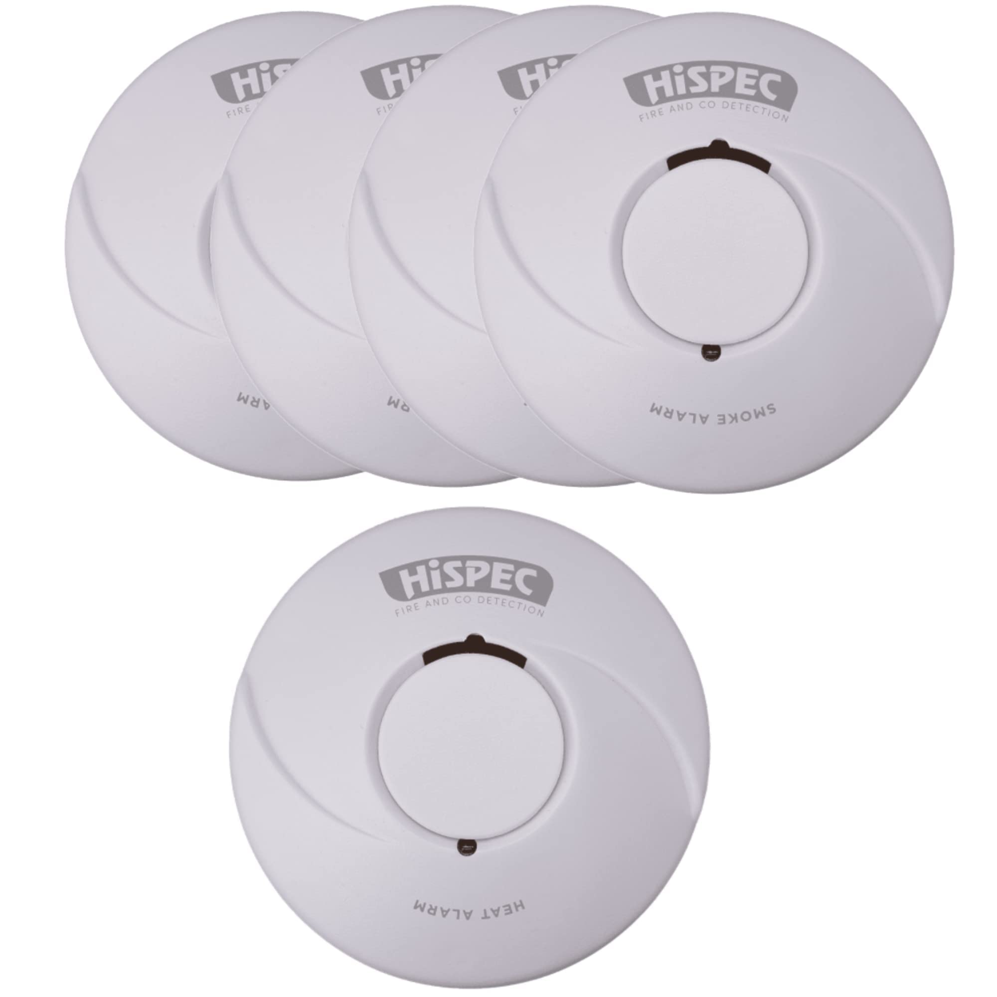 HiSPEC Smoke Alarms Heat Detectors and CO Detectors - Fire Safety Kits: Fully Compliant to 2022 Scottish Legislation (4 Smoke / 1 Heat)